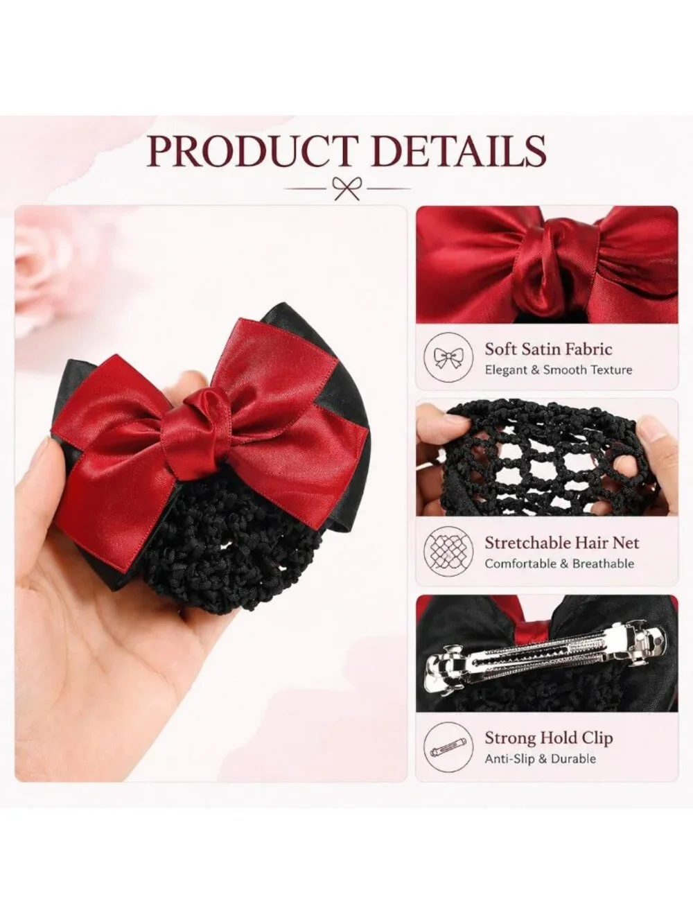 Chic Red Satin Bow Snood & Barrette Set | Non-Slip Mesh Hair Clips for Women
